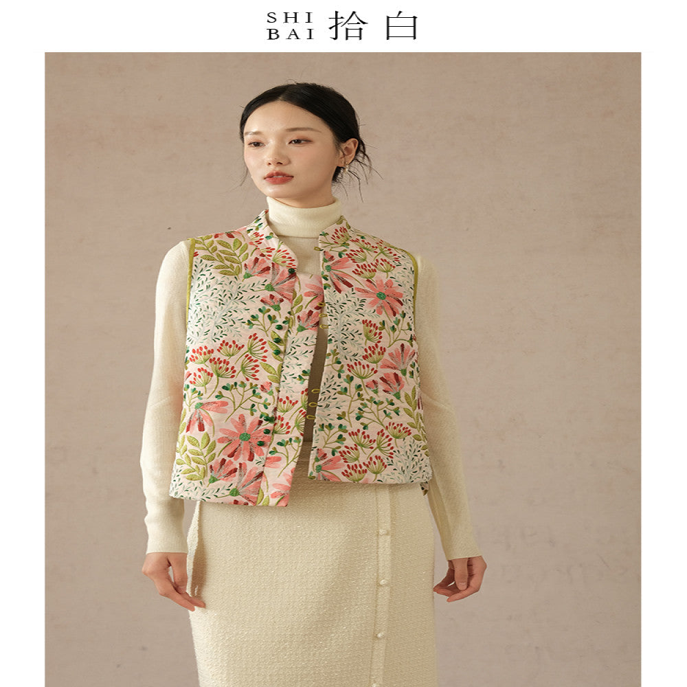 SHIBAI picks up white flowers clusters of brocade new Chinese jacquard vest original Chinese style women s clothing Zen inspired improved top image 4
