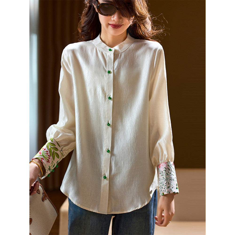 Plain wood retro jacquard spliced chiffon shirt for women s early autumn 2025 new plus size shirt European style women s clothing image 9