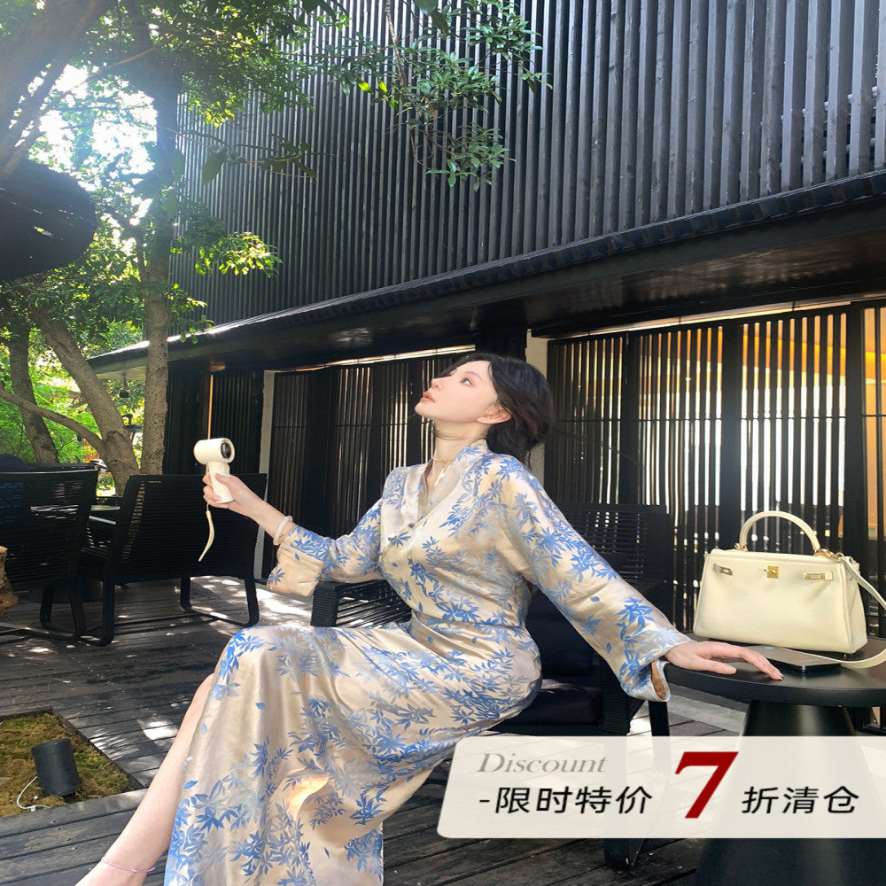 MOSS STUDIO Blue and White Ink Charm New Chinese Style Summer Silk Jacquard Cross breasted Cheongsam Dress for Women image 1