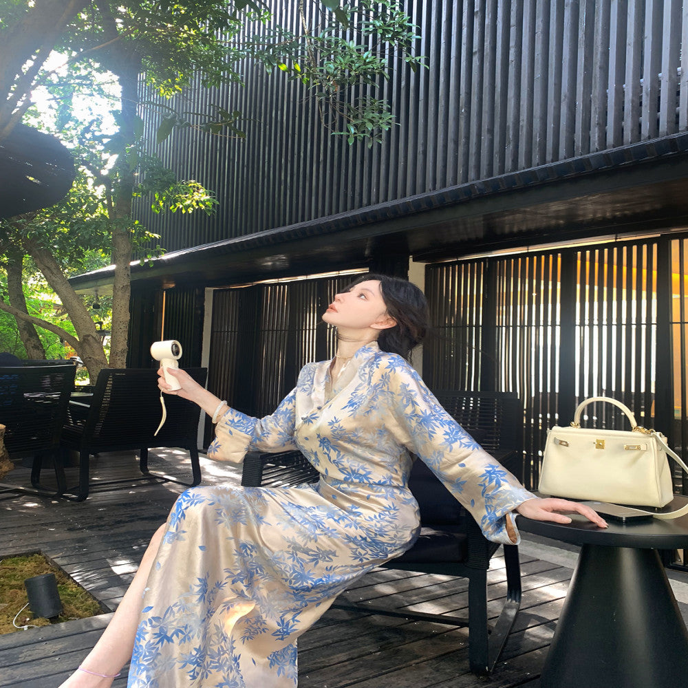 MOSS STUDIO Blue and White Ink Charm New Chinese Style Summer Silk Jacquard Cross breasted Cheongsam Dress for Women image 17