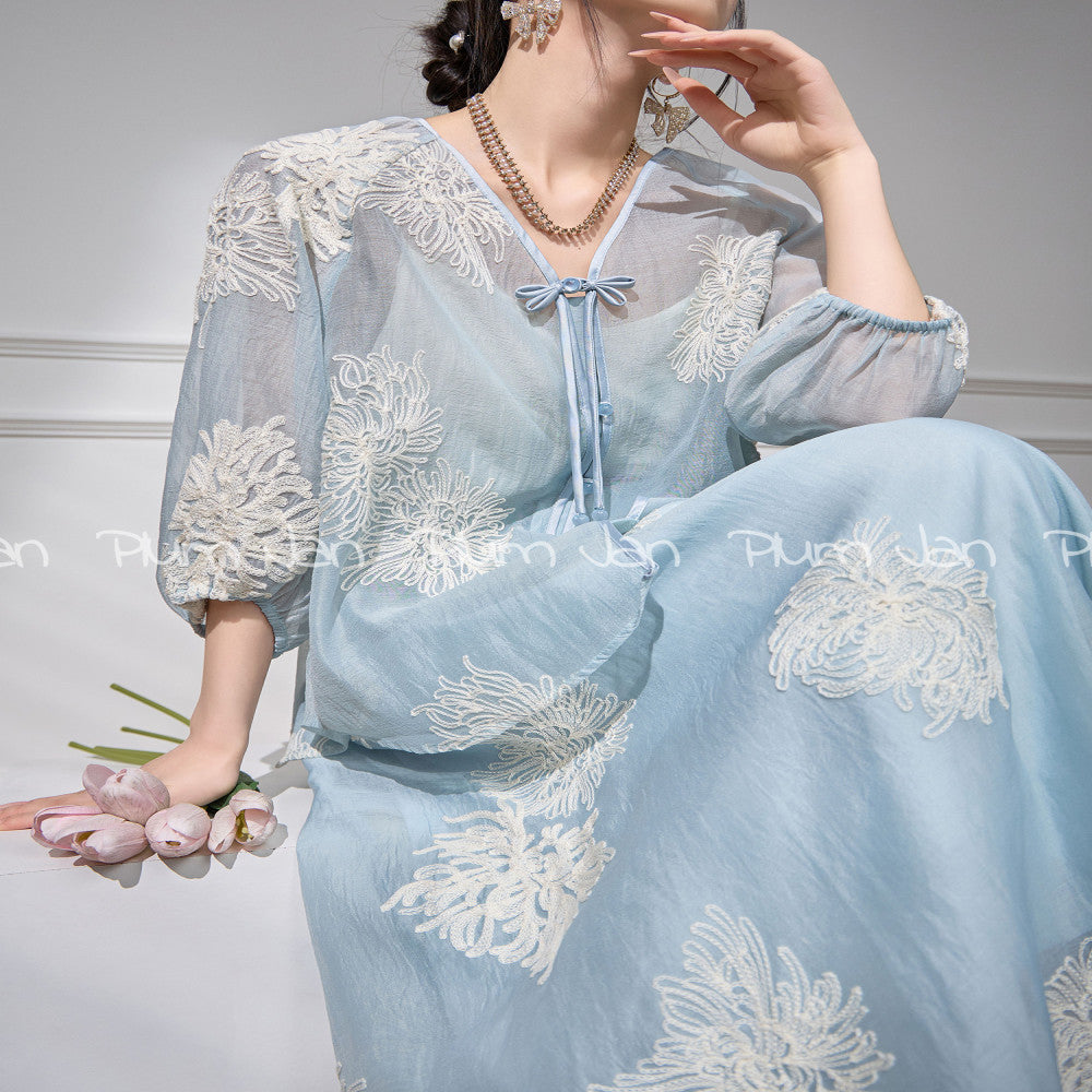 Plum Jan Korean high end fashion outfit sun protection suit dress 2025 new women s summer blue embroidered top image 0