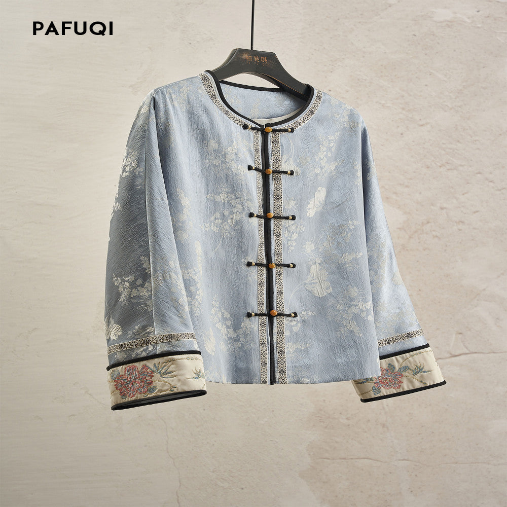 Gentle and elegant new Chinese style plate embroidery top blue satin plate buckle jacket high end Chinese style women s clothing 2025 new style image 1