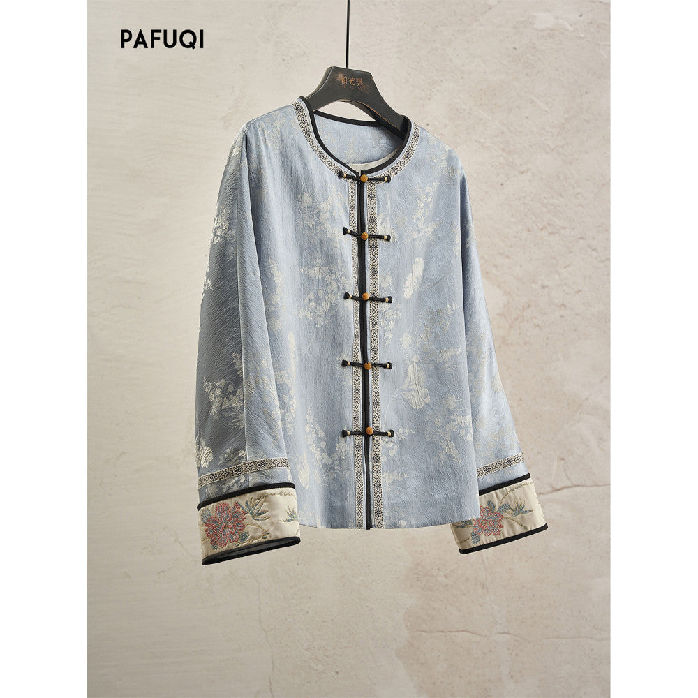 Gentle and elegant new Chinese style plate embroidery top blue satin plate buckle jacket high end Chinese style women s clothing 2025 new style image 12