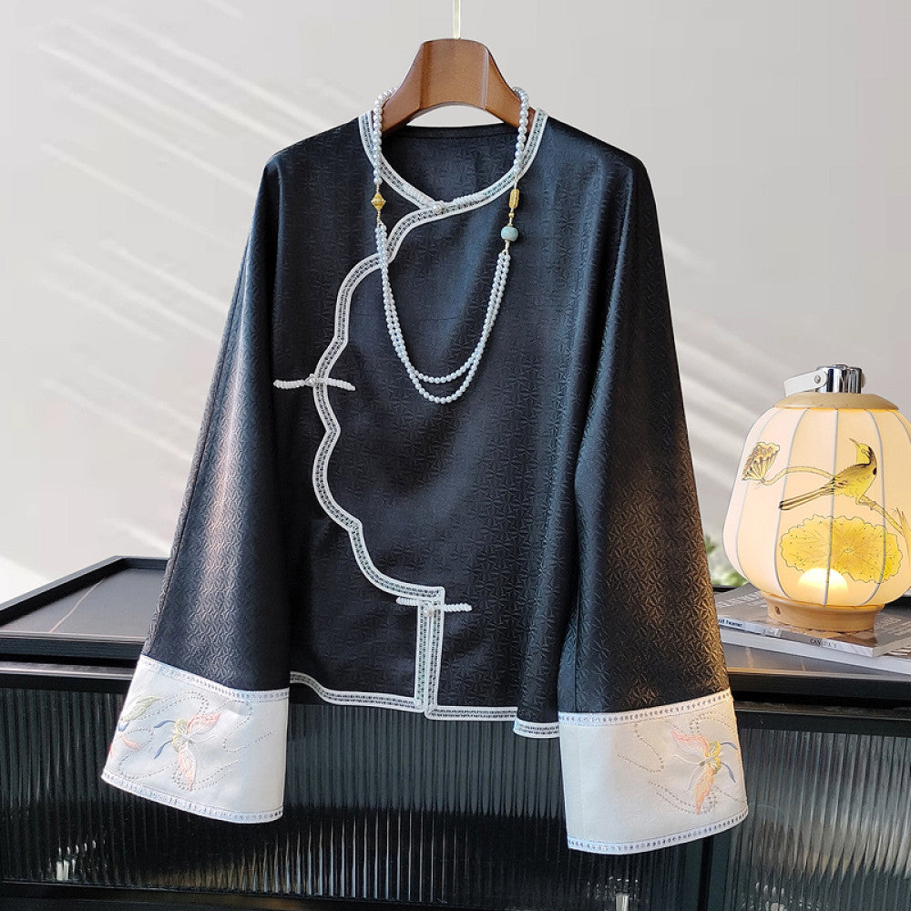 Chinese style buckle retro Han element top for women s spring clothing original design vinegar jacquard embroidered loose Chinese style shirt image 8