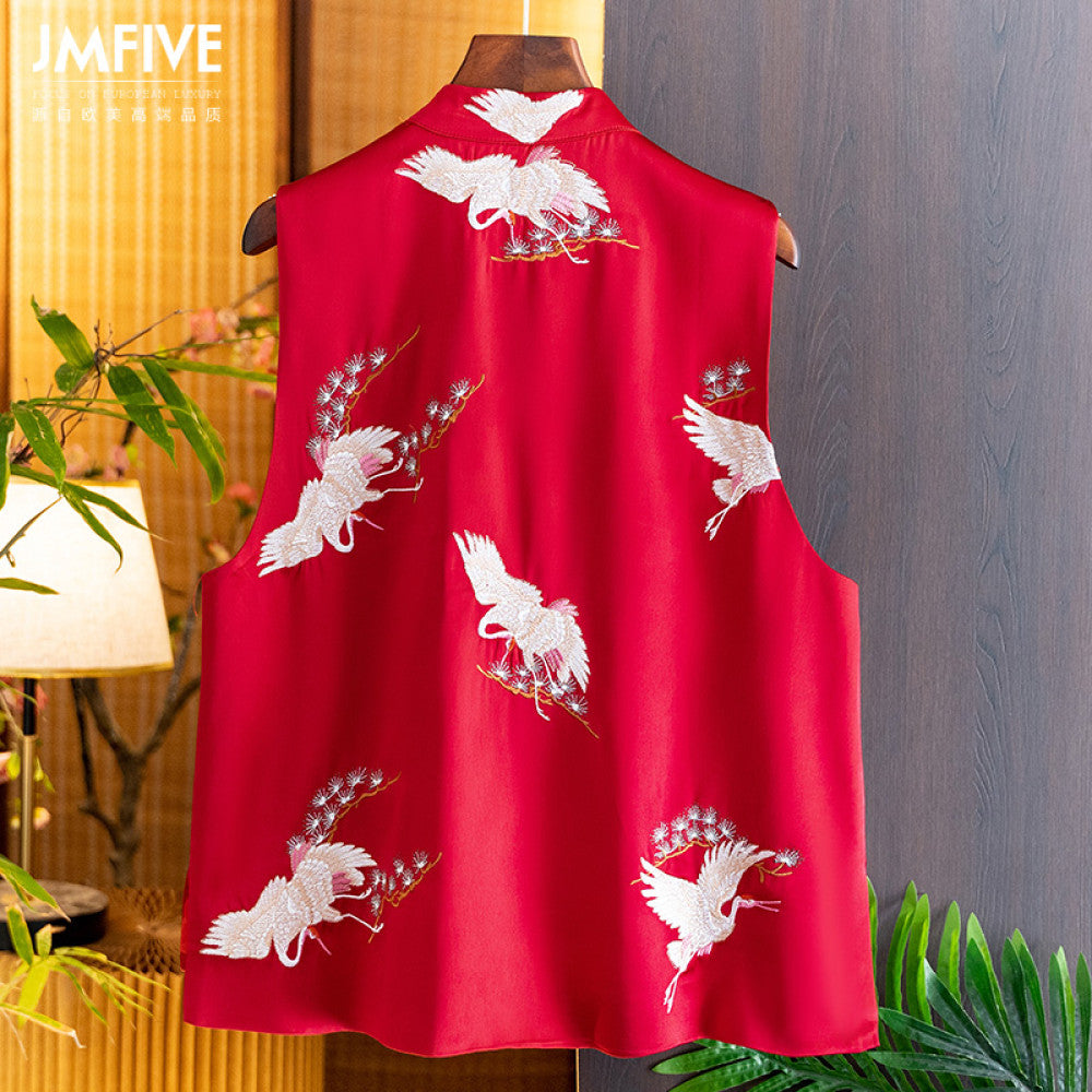 Retro Western style Red Acetate Vest for Women 2024 Autumn New Product Chinese Side Embroidered Hemp Vest for Women image 2