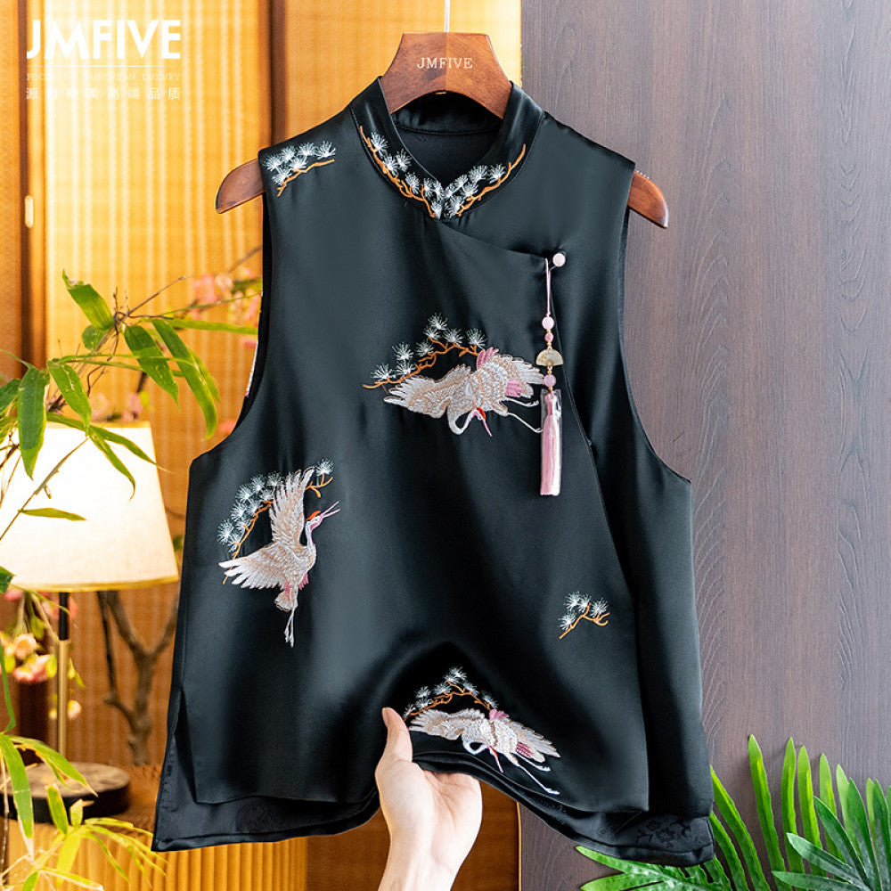 Retro Western style Red Acetate Vest for Women 2024 Autumn New Product Chinese Side Embroidered Hemp Vest for Women image 3