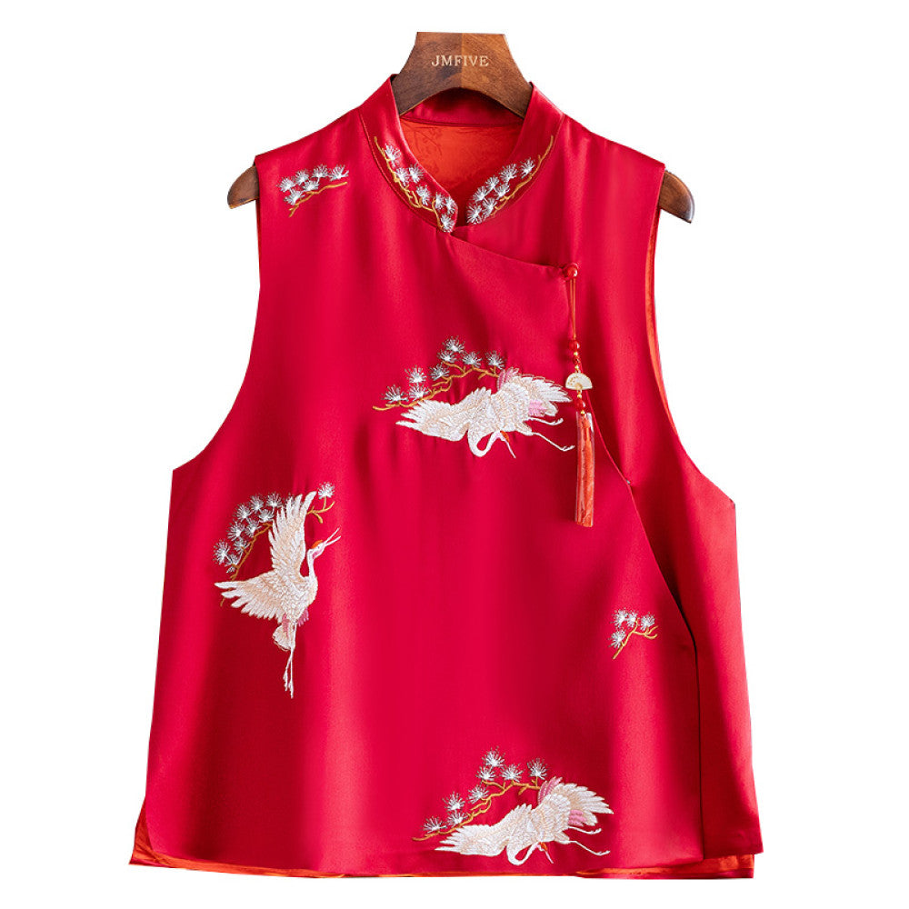 Retro Western style Red Acetate Vest for Women 2024 Autumn New Product Chinese Side Embroidered Hemp Vest for Women image 5
