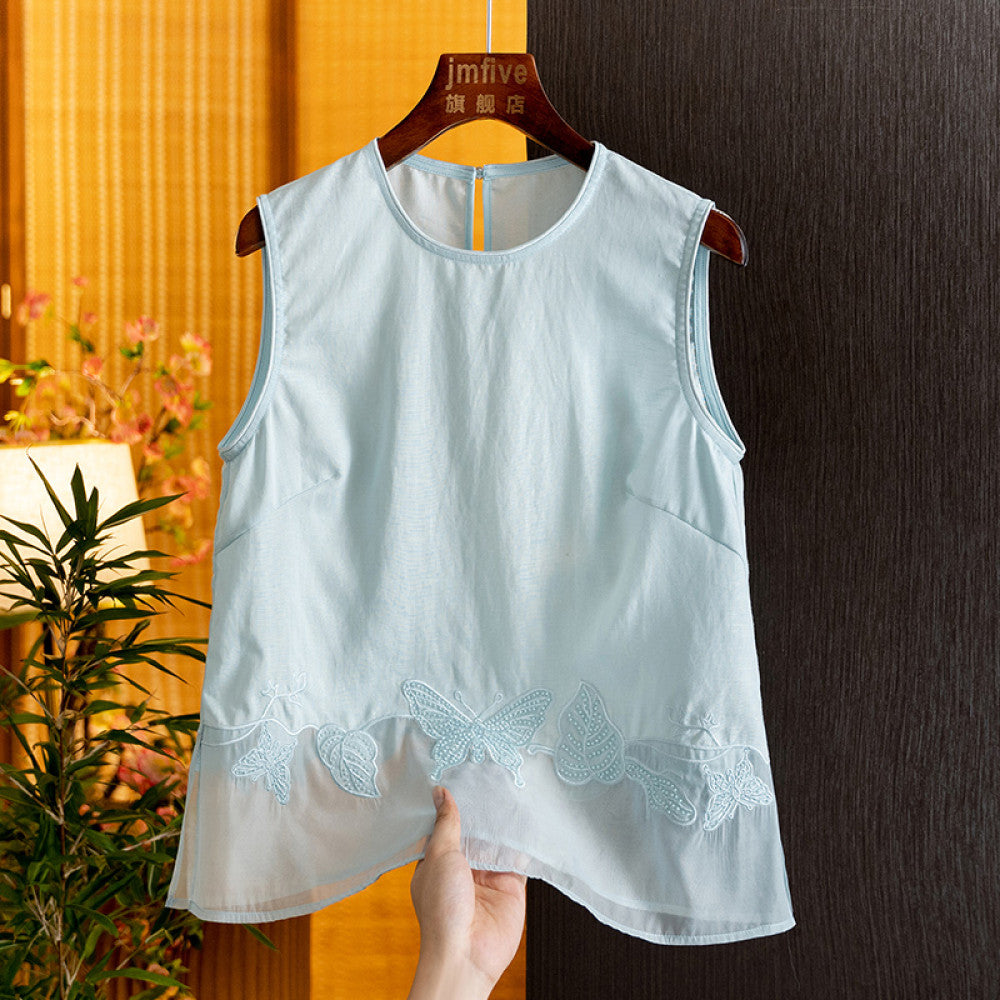 Elegant temperament linen embroidery set 2025 summer new product fashionable casual sleeveless top half skirt two piece set image 10