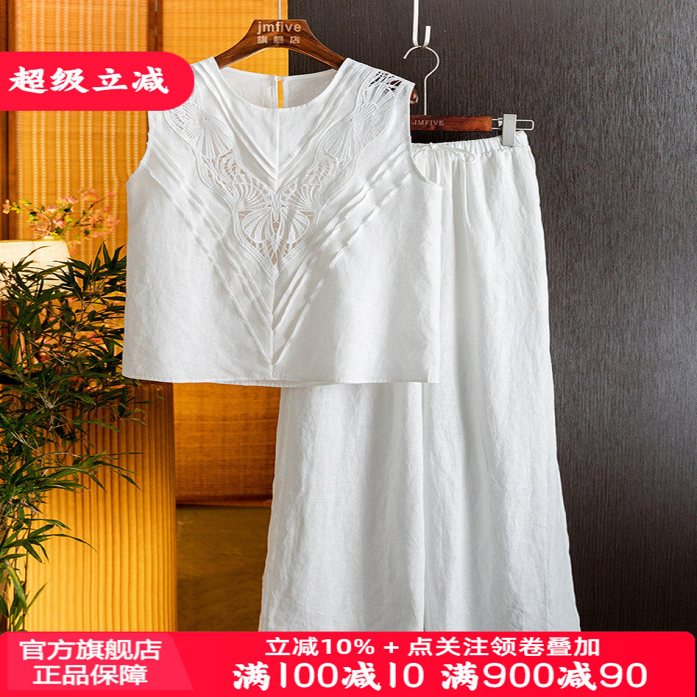 French fashion linen western style set for women in summer 2025 new high end sleeveless top wide leg pants two piece set for women image 0