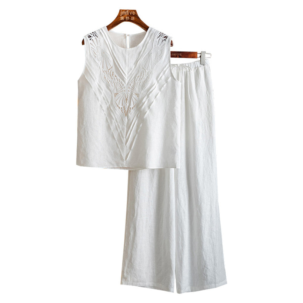 French fashion linen western style set for women in summer 2025 new high end sleeveless top wide leg pants two piece set for women image 8