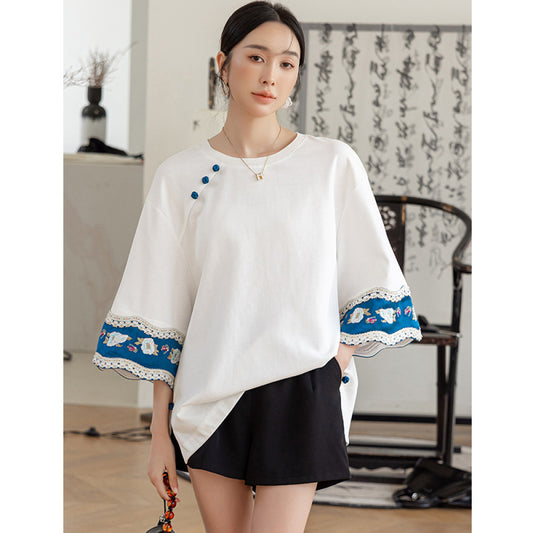 ASAYA4235 ✨ Elegant Embroidered Sleeve Cotton Top 👕🌸