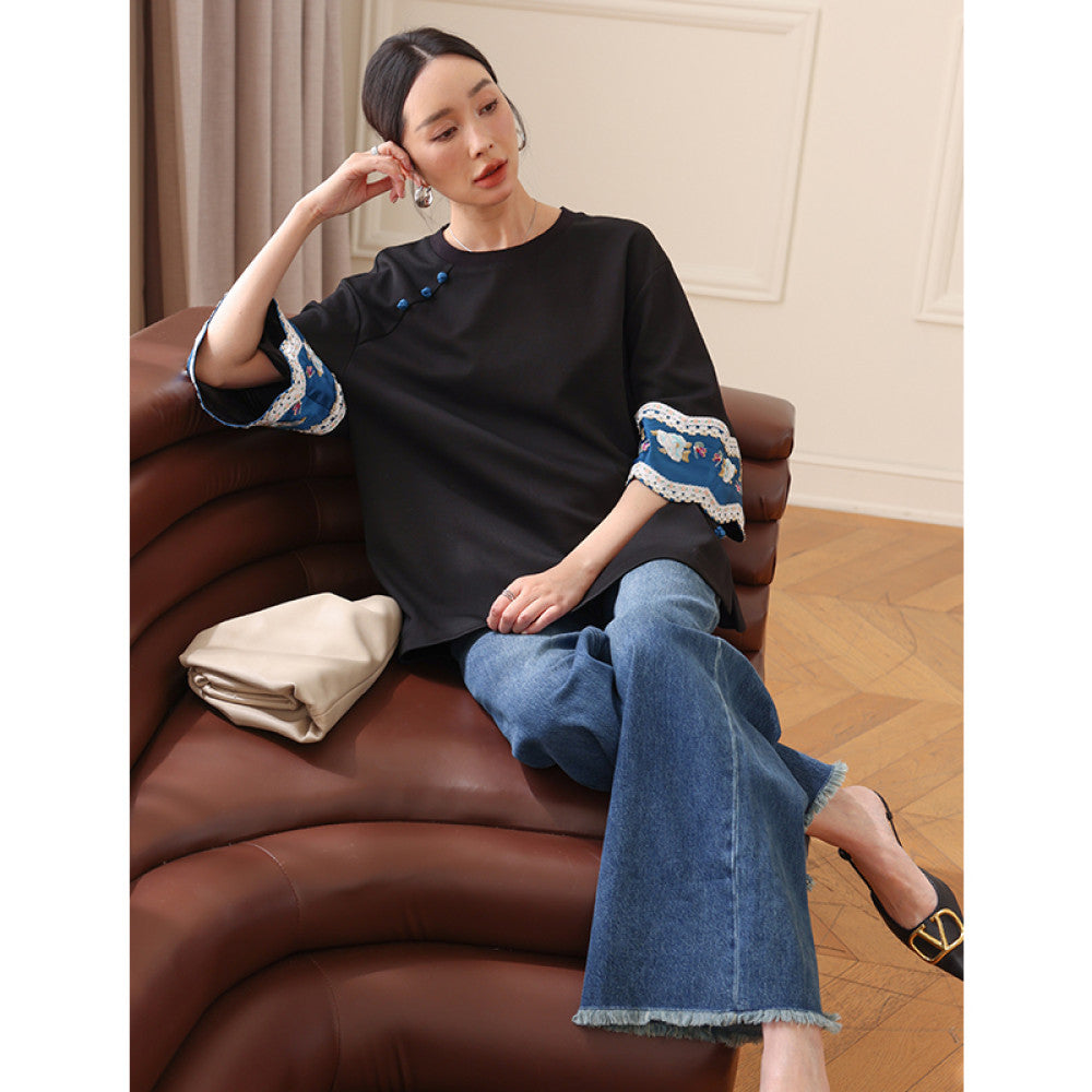 New Chinese style round neck cotton T shirt top with a female design sense niche casual loose fit Chinese style embroidered five quarter sleeve shirt image 21