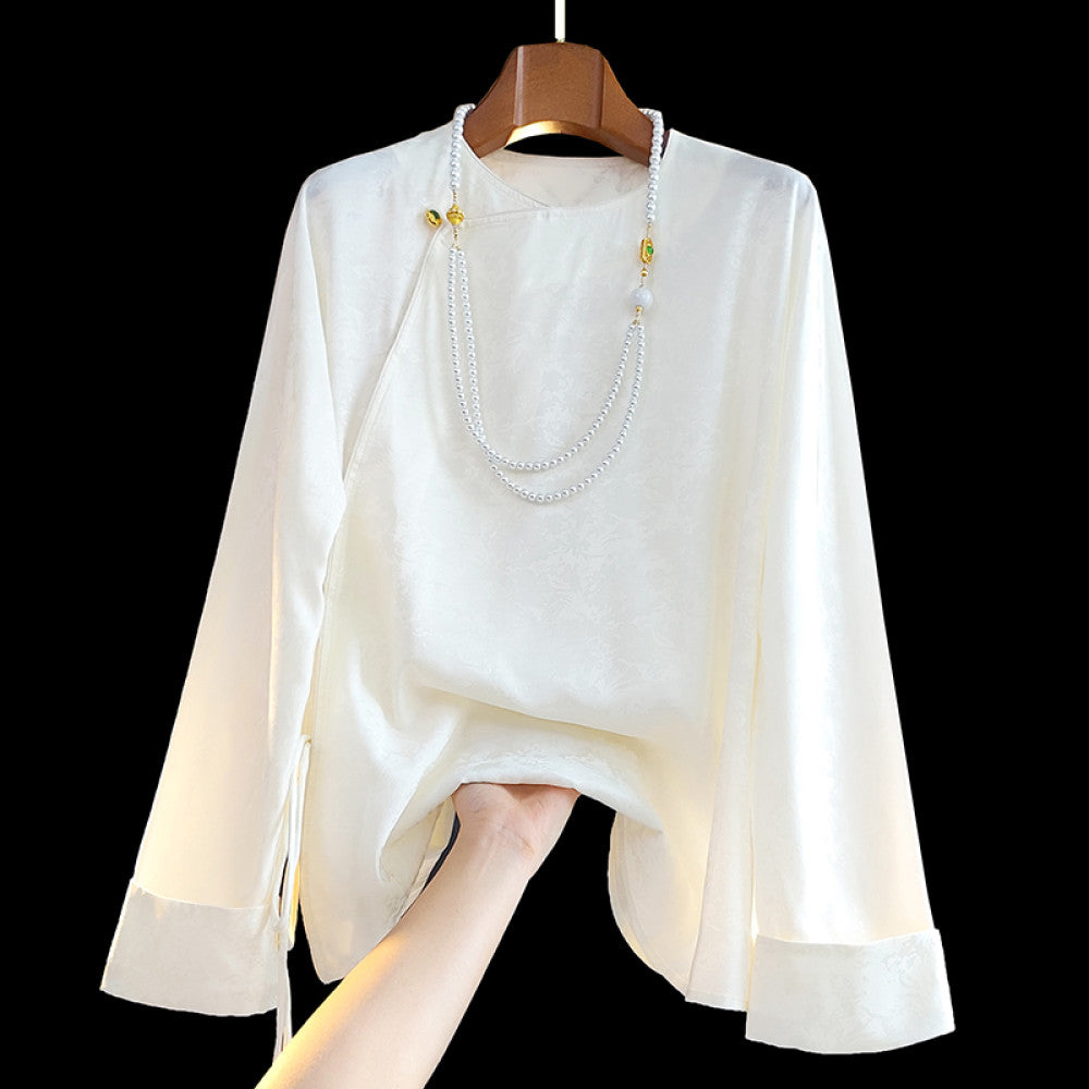 Blue trendy new Chinese style silk shirt with long sleeved women s design retro slanted collar and buckle Chinese style mulberry silk top image 7