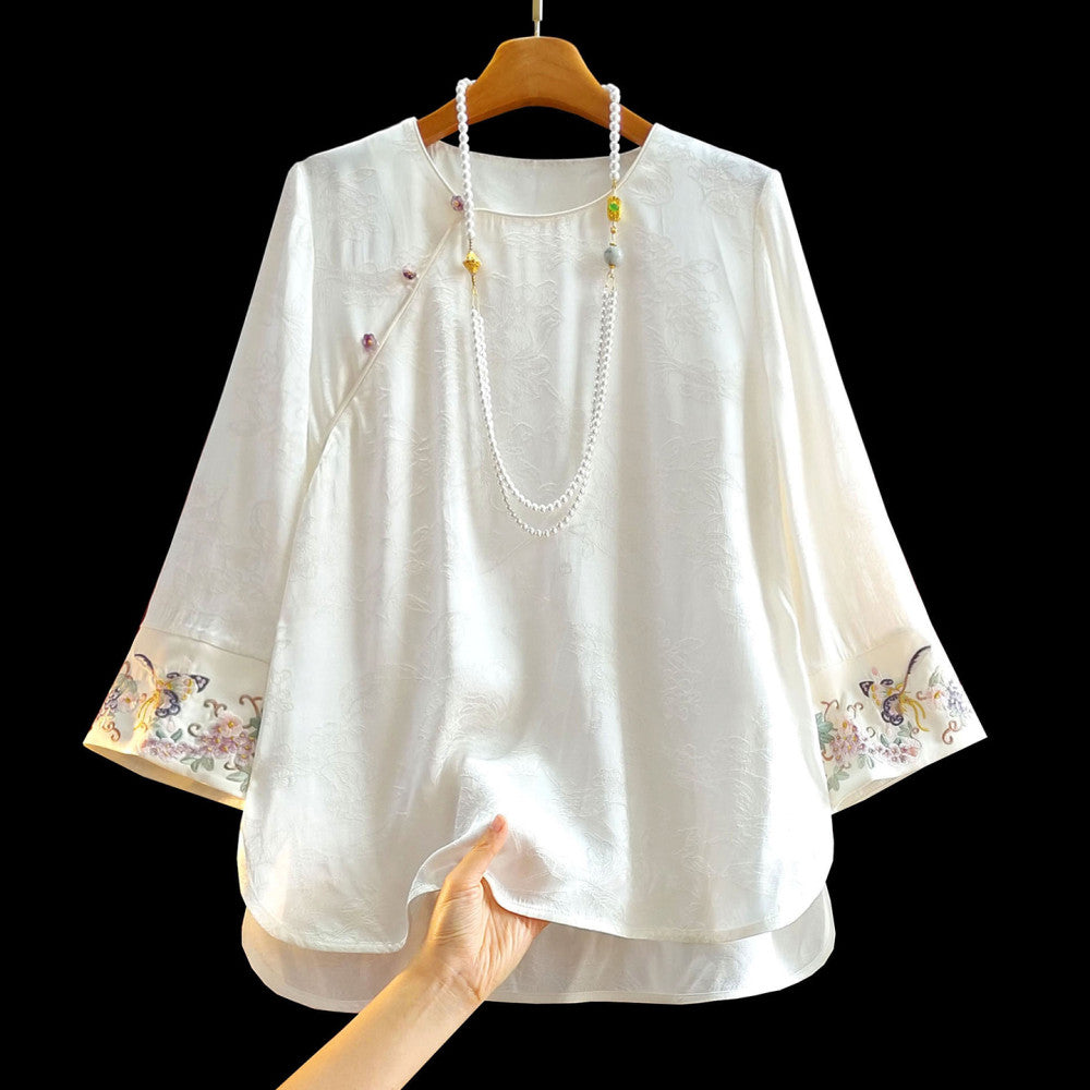 New Chinese style silk jacquard women s shirt with long sleeves spring new style improved slanted collar and buckle Chinese style versatile interior top image 20