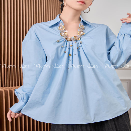 ASAYA4231 | Elegant Pleated Crystal Blue Shirt 💙