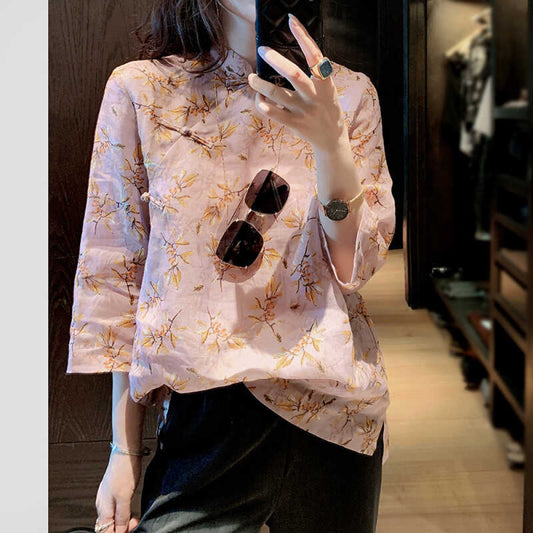 ASAYA4219 🧡 Tang Suit-Inspired Floral Blouse 🌿✨