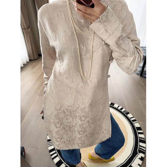 ASAYA4217 ✨ Chic Jacquard Oblique Collar Buttoned Top 🎀🌿
