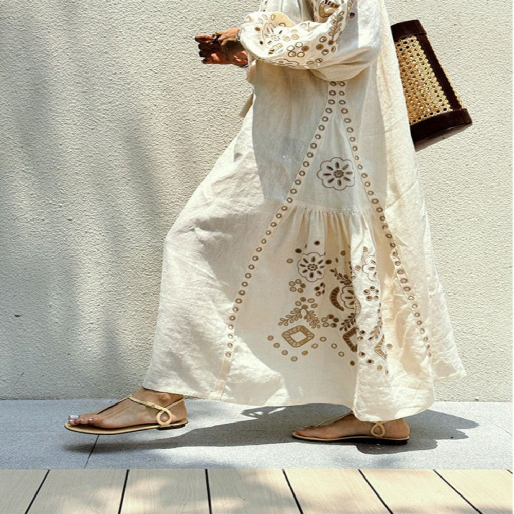 Retro Japanese style exquisite romantic beach vacation style embroidered linen dress niche design knee length long skirt image 1