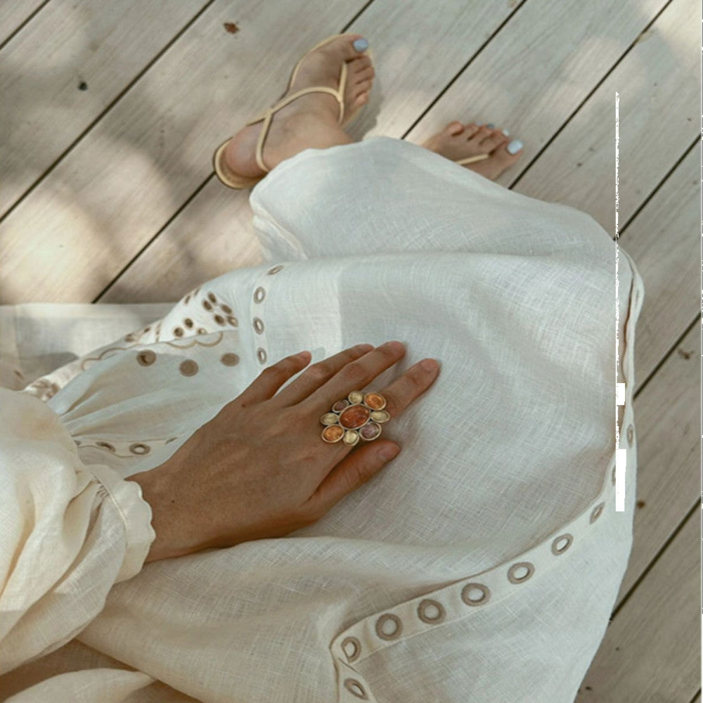 Retro Japanese style exquisite romantic beach vacation style embroidered linen dress niche design knee length long skirt image 2
