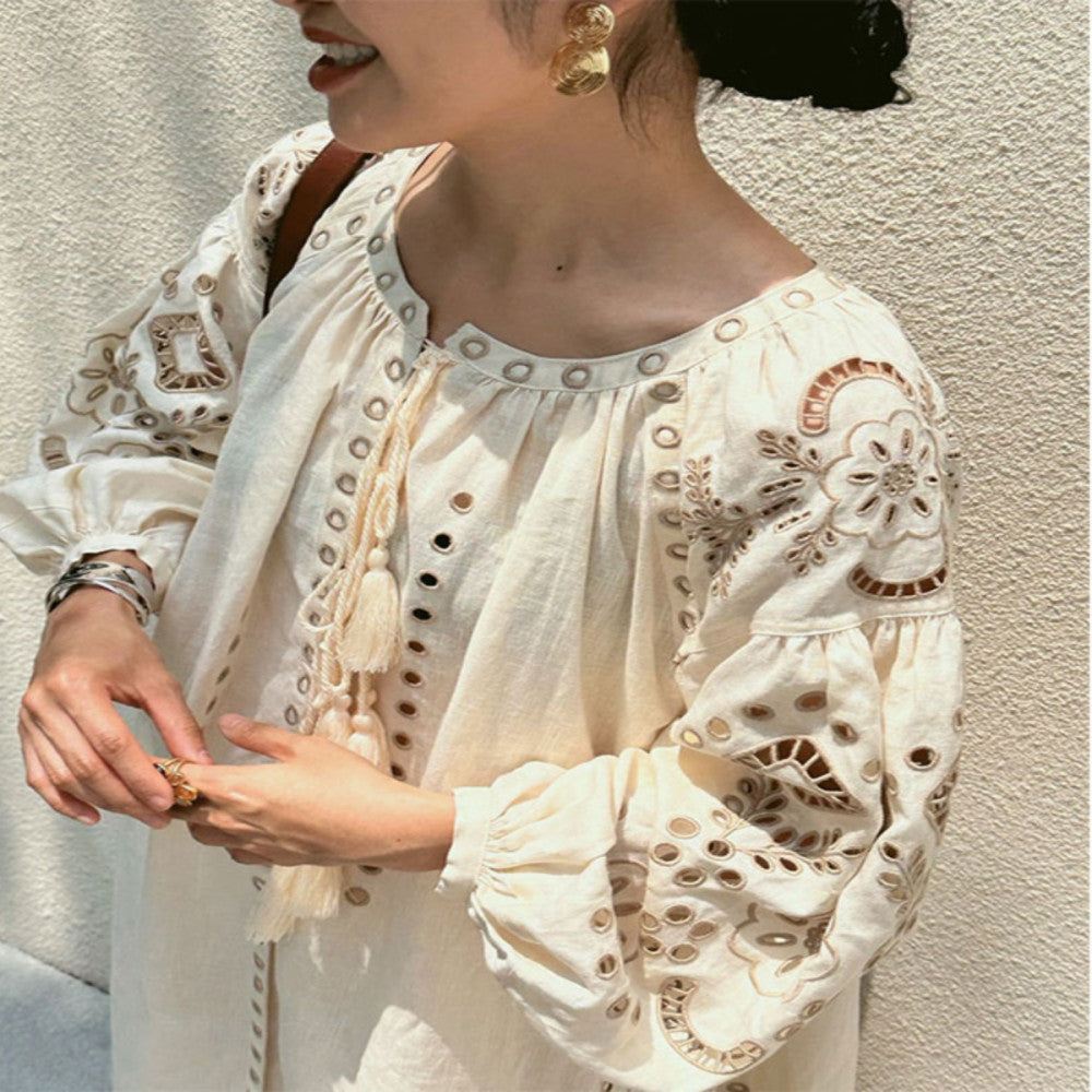 Retro Japanese style exquisite romantic beach vacation style embroidered linen dress niche design knee length long skirt image 3