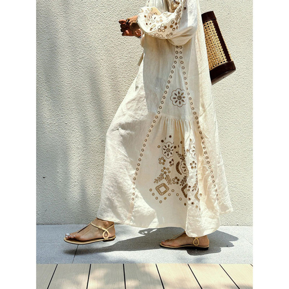 Retro Japanese style exquisite romantic beach vacation style embroidered linen dress niche design knee length long skirt image 6