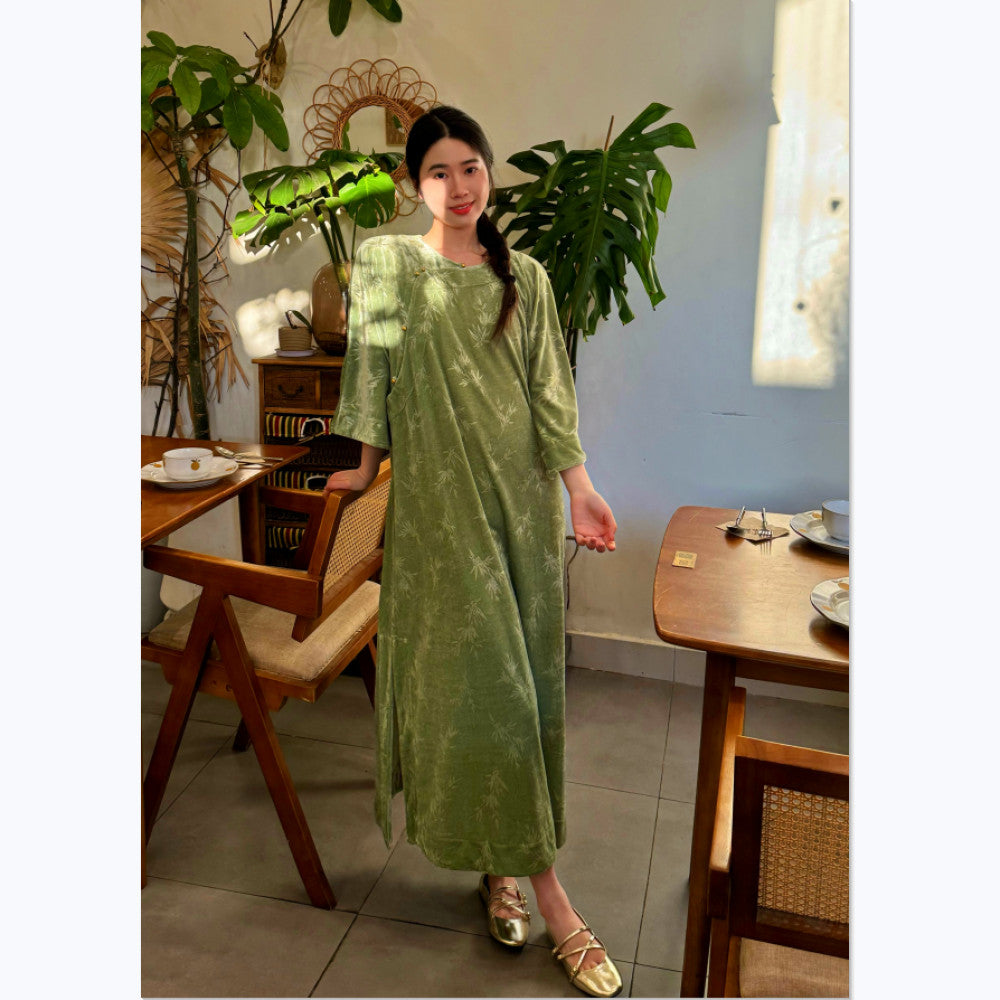 Taoran women s new Chinese style ethnic style jacquard dress women s new improved cheongsam long skirt velvet Zen robe image 2