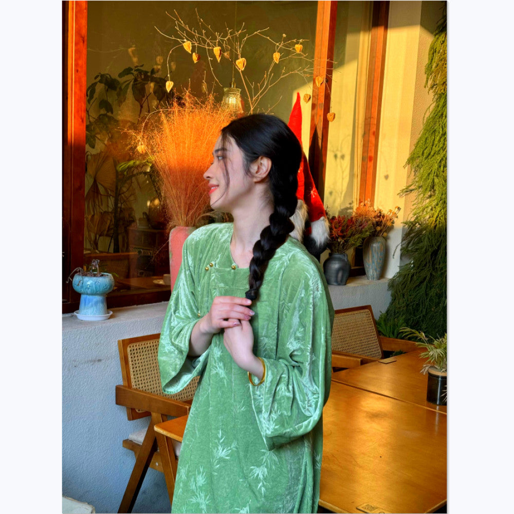Taoran women s new Chinese style ethnic style jacquard dress women s new improved cheongsam long skirt velvet Zen robe image 3