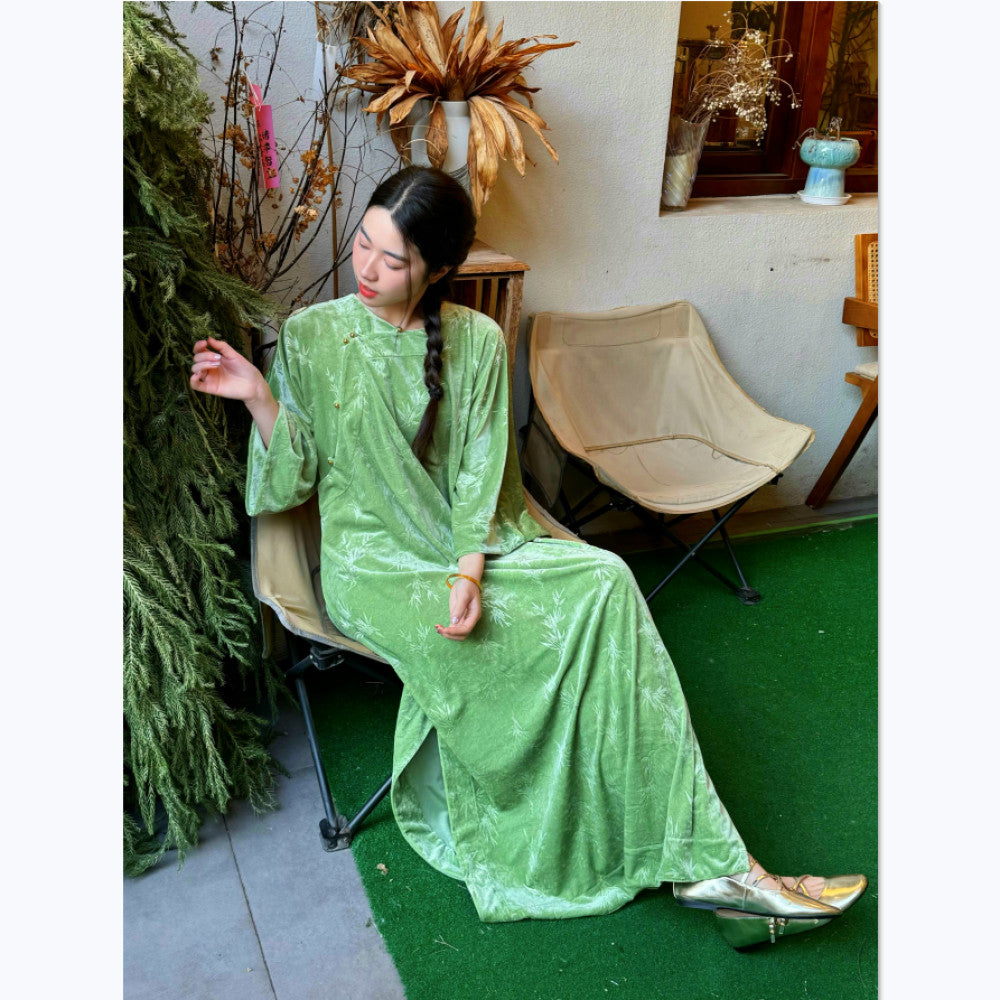 Taoran women s new Chinese style ethnic style jacquard dress women s new improved cheongsam long skirt velvet Zen robe image 4