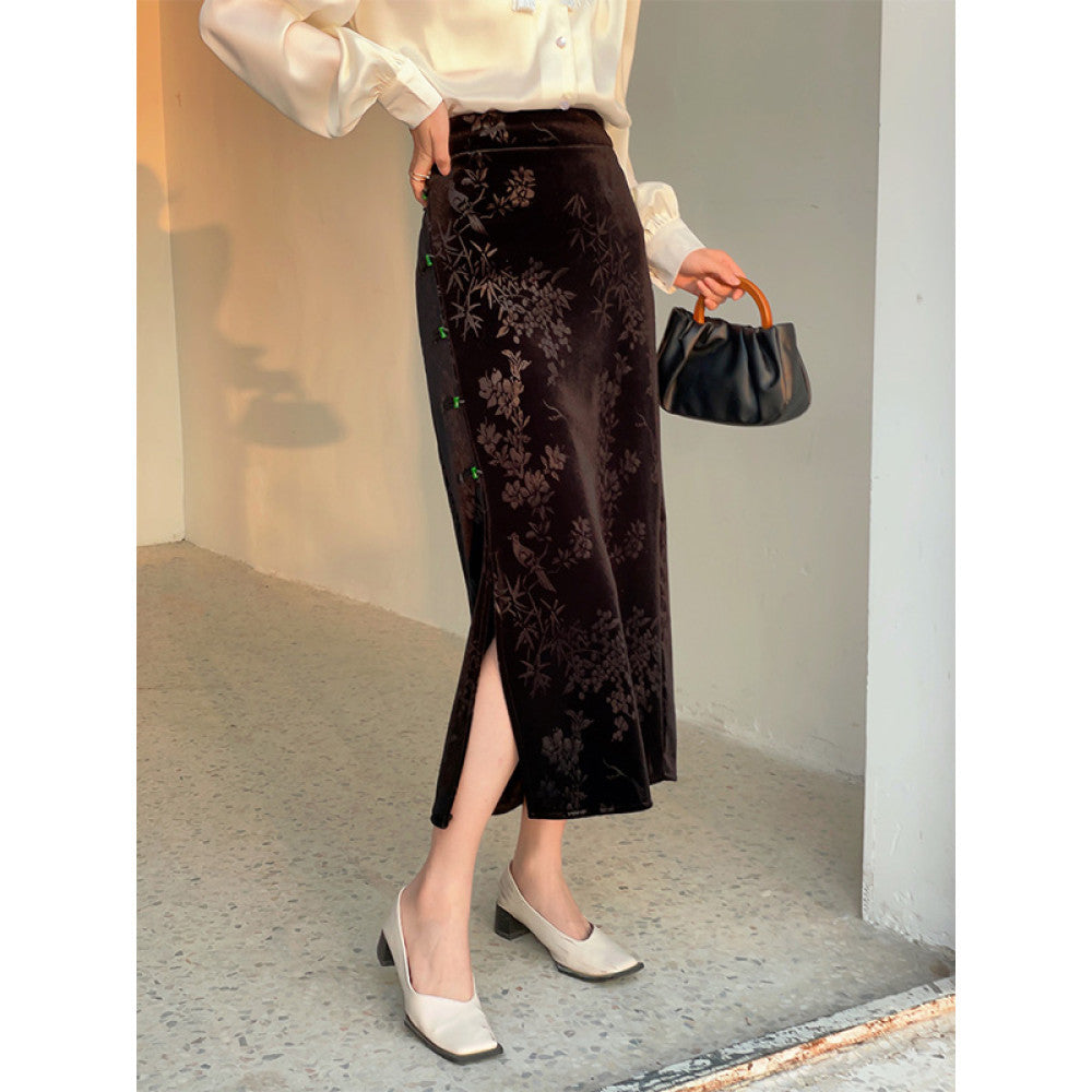 Black Jacquard Half length Skirt for Women Spring and Autumn 2025 New Style Chinese Style Women s Wear Plate Buckle Open Fork Hip Wrapping Skirt image 8