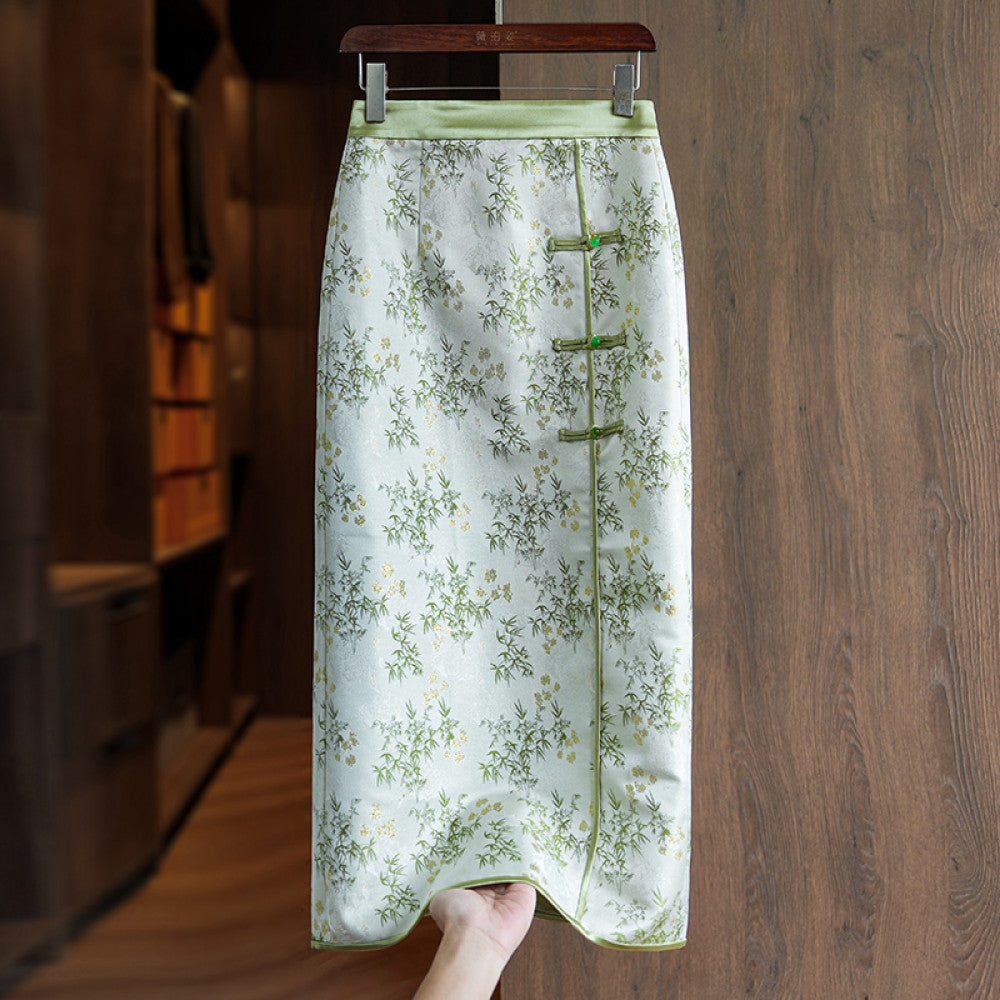 Green temperament new Chinese style buttoned skirt women s autumn and winter new retro national style jacquard high waist slit A line skirt image 8