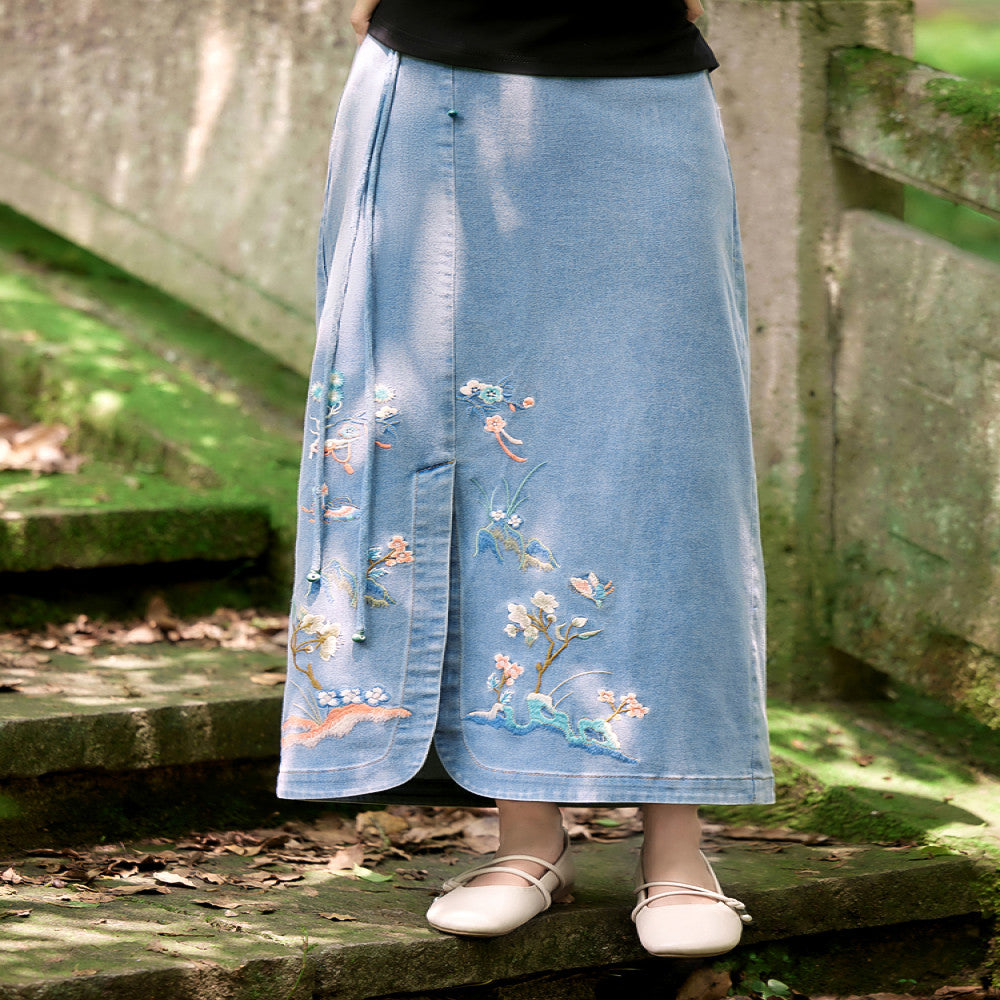 Flower making New Chinese style Original Chinese style Cowboy Embroidered Half length Skirt Women s Retro Design Sense Long Skirt Summer image 0