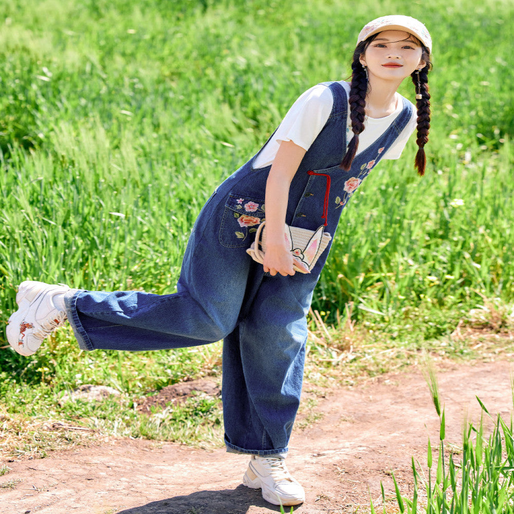 HuaZuoXingChuan original Chinese style embroidery denim overalls women s loose design sense age reducing wide leg pants summer image 2