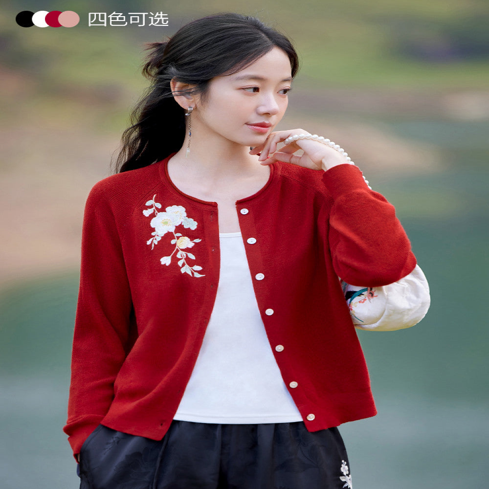 Flower making wild flower slanted white original Chinese style embroidered sweater women s new casual knitted cardigan top spring image 1