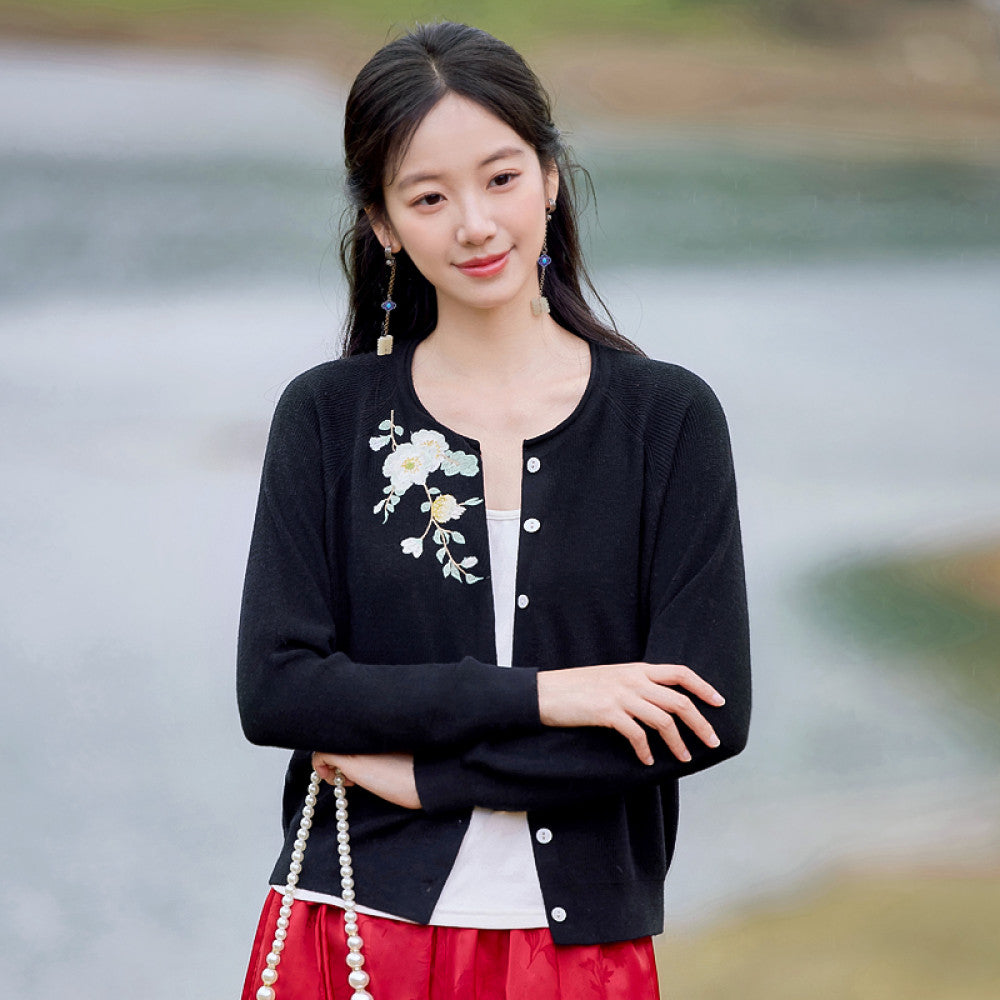 Flower making wild flower slanted white original Chinese style embroidered sweater women s new casual knitted cardigan top spring image 14