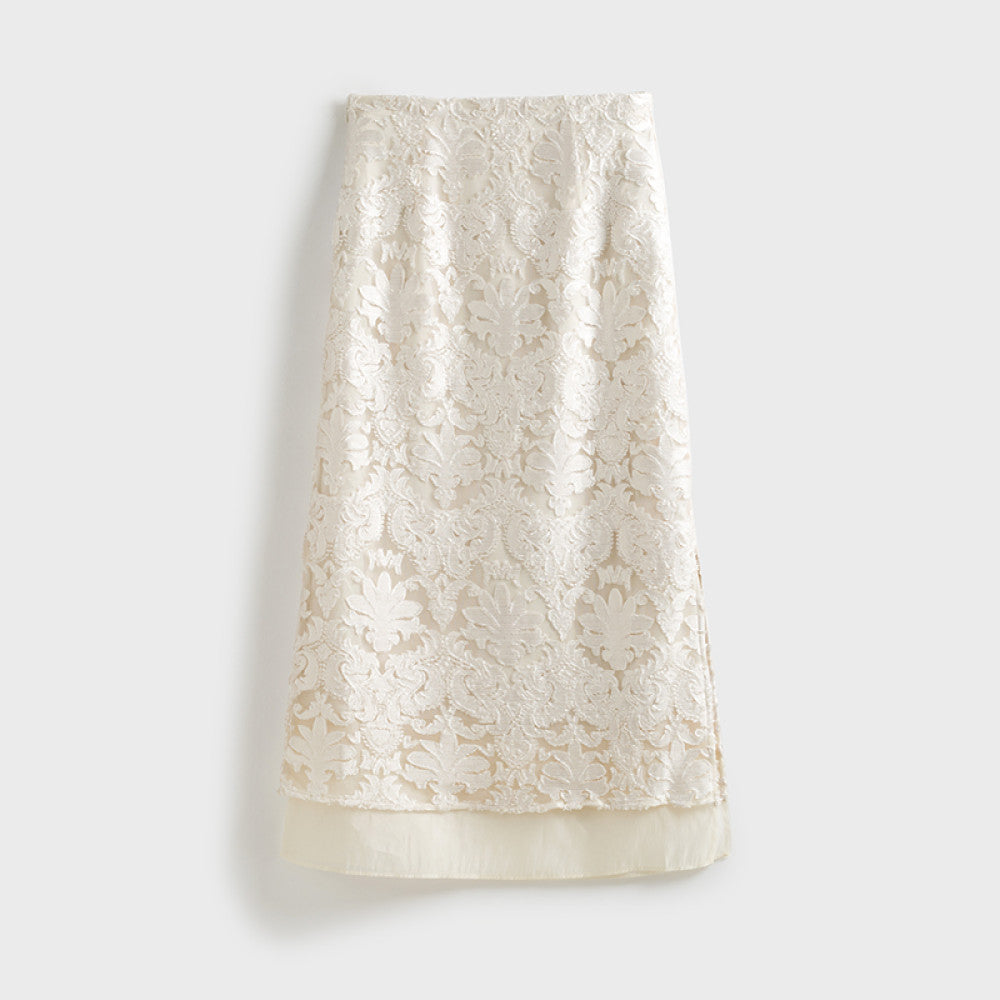 Jiaqi Custom High end Korean imported burnt out fabric Elegant hip hugging handmade lace skirt with side slits image 14