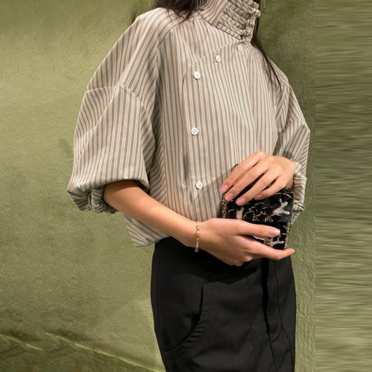 ASAYA4182 ✨ Striped High-Neck Top with Unique Button Design ✨