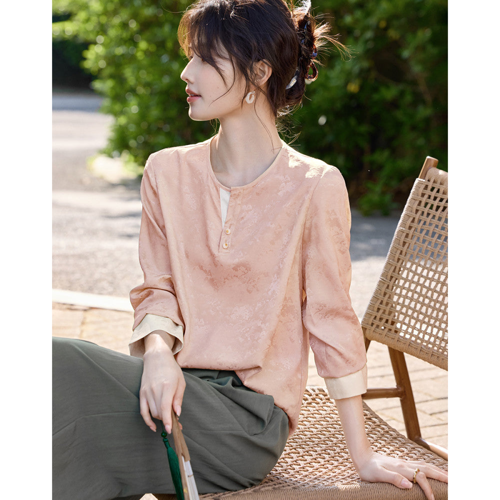 XWI Xinwei New Chinese style satin jacquard color blocked shirt for women s early autumn 2025 design sense small shirt top image 34