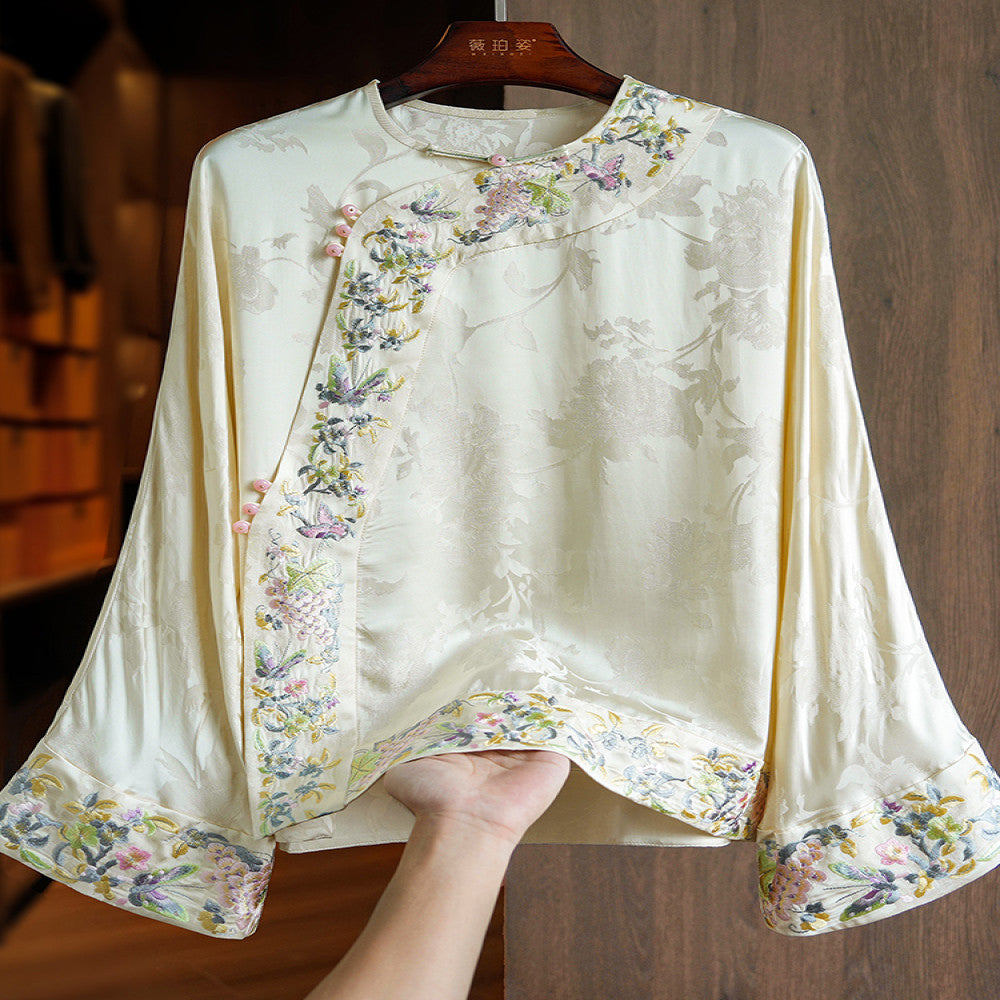 Improved oblique collar button silk acetate new Chinese style tops women s long sleeves autumn new heavy industry style embroidered shirt image 0