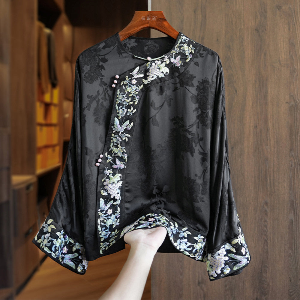 Improved oblique collar button silk acetate new Chinese style tops women s long sleeves autumn new heavy industry style embroidered shirt image 12