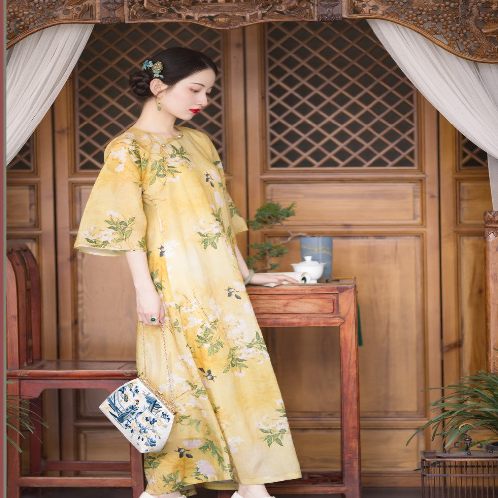 Spring shirt dyeing Chinese cheongsam daily collarless lazy loose inverted large sleeved cheongsam dress original image 1