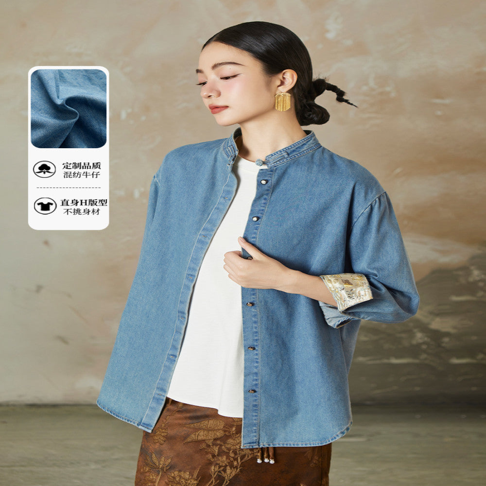 Same style straw Xi 2025 Spring and Autumn light national style embroidered long sleeved denim shirt for women washed cotton jacket image 0
