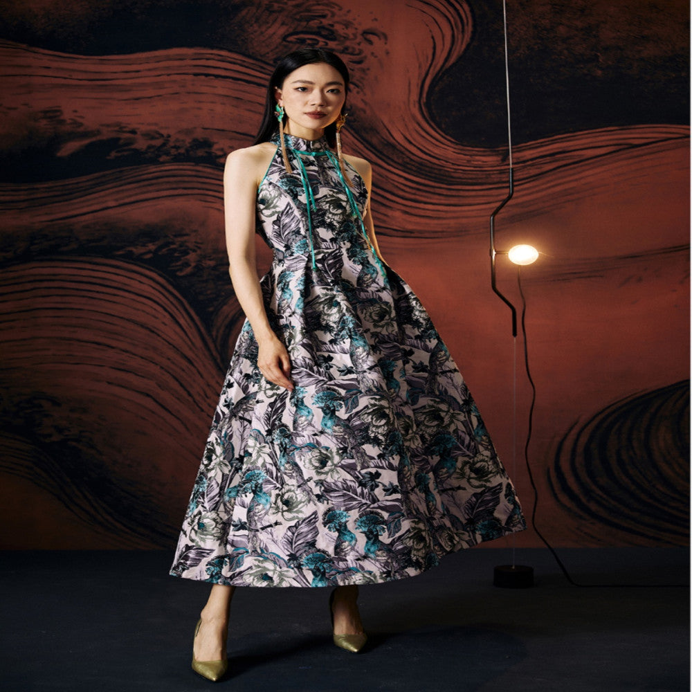 Original designer women s clothing made in China with Chinese elements buttons improved slim fit jacquard off shoulder long skirt image 2