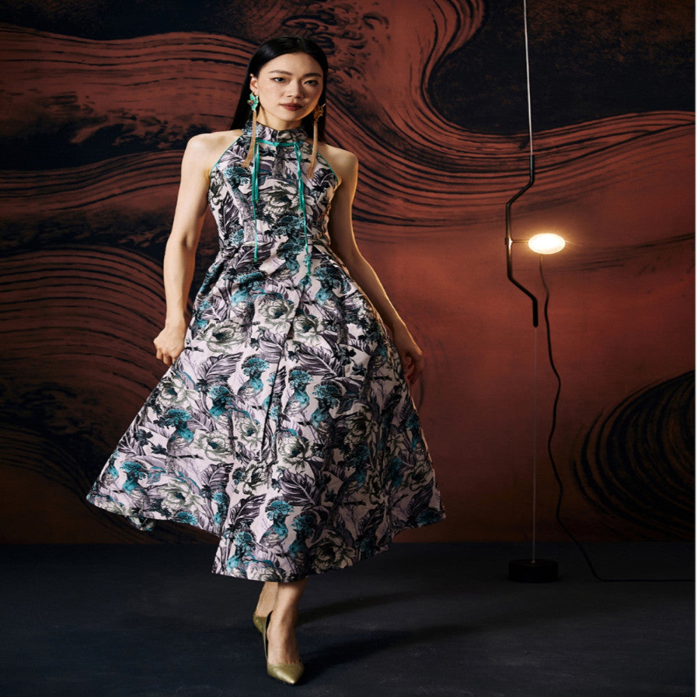 Original designer women s clothing made in China with Chinese elements buttons improved slim fit jacquard off shoulder long skirt image 3