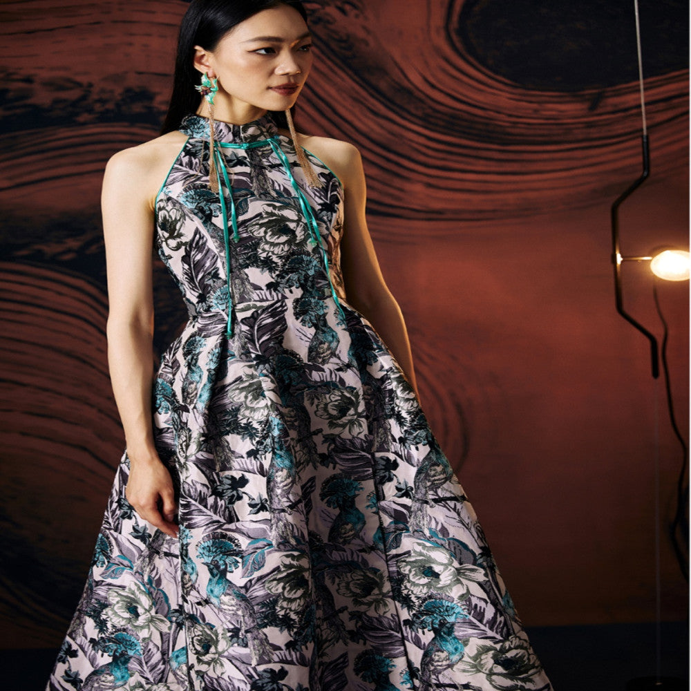 Original designer women s clothing made in China with Chinese elements buttons improved slim fit jacquard off shoulder long skirt image 4