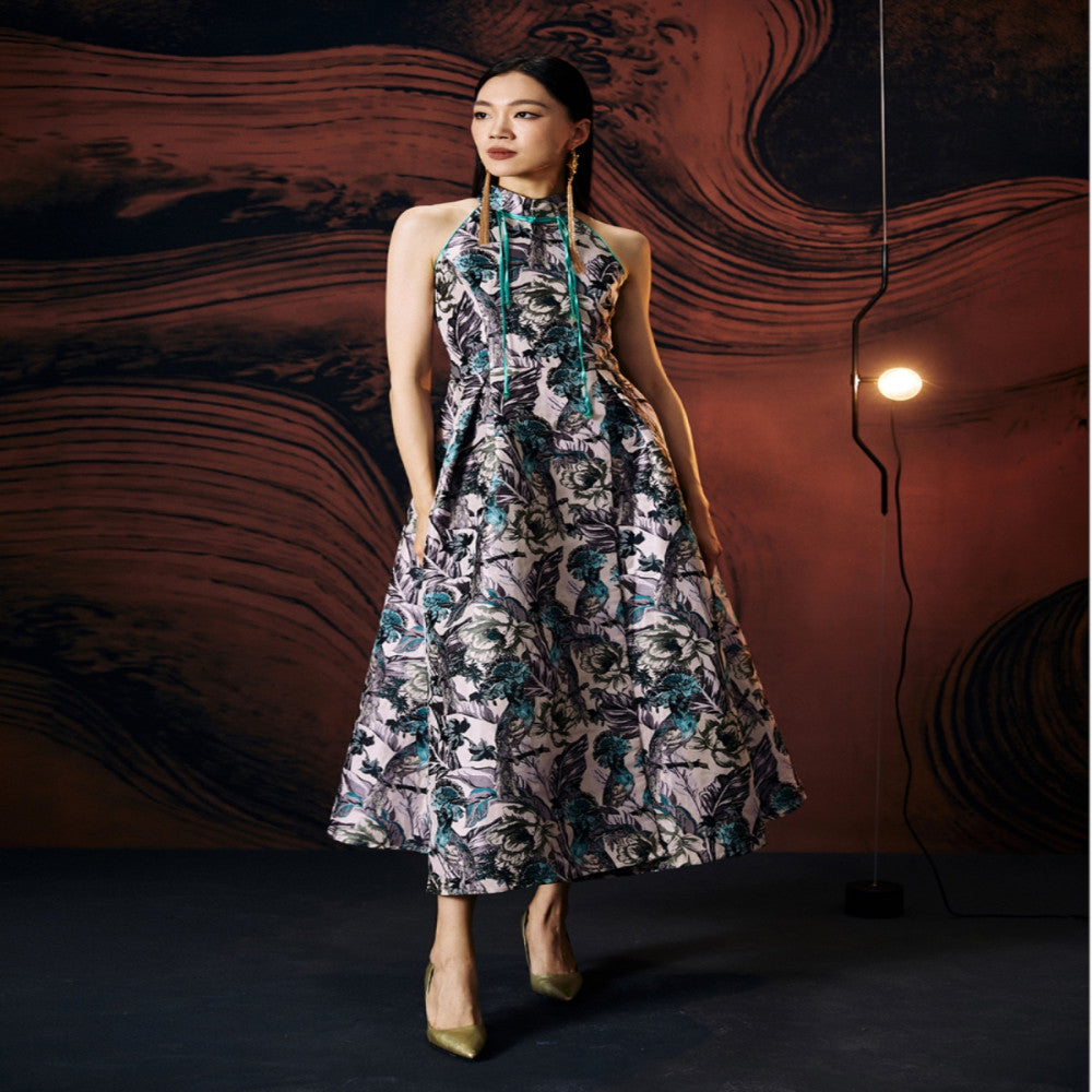 Original designer women s clothing made in China with Chinese elements buttons improved slim fit jacquard off shoulder long skirt image 5