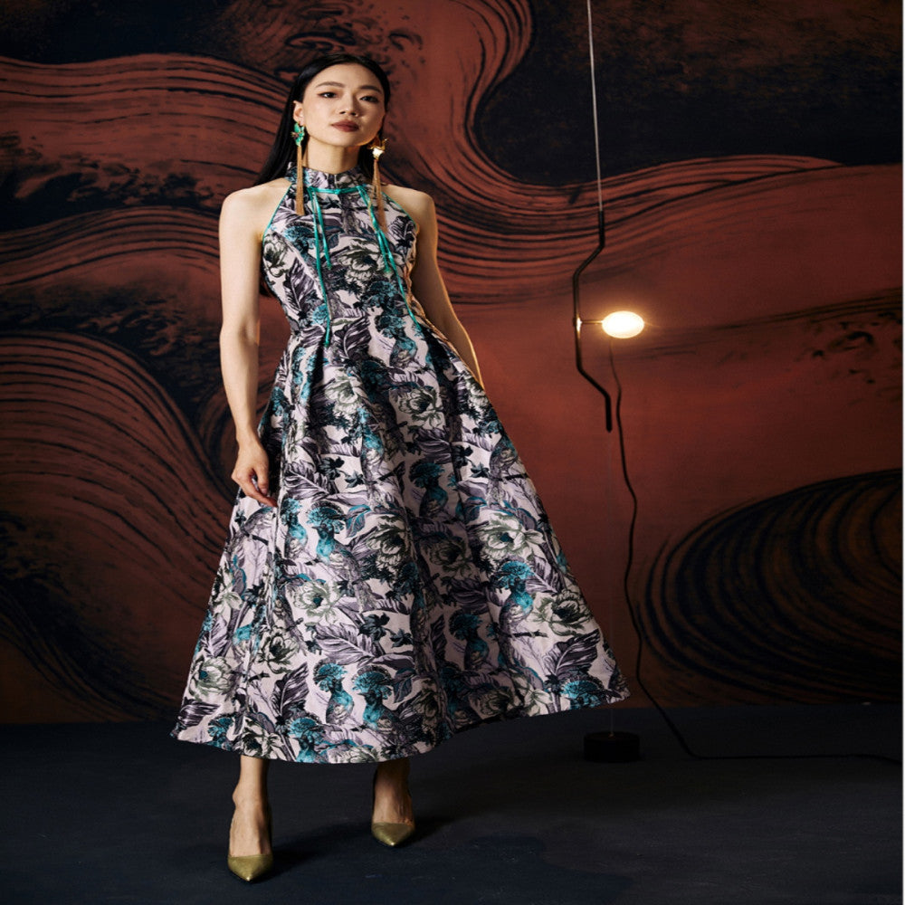 Original designer women s clothing made in China with Chinese elements buttons improved slim fit jacquard off shoulder long skirt image 0