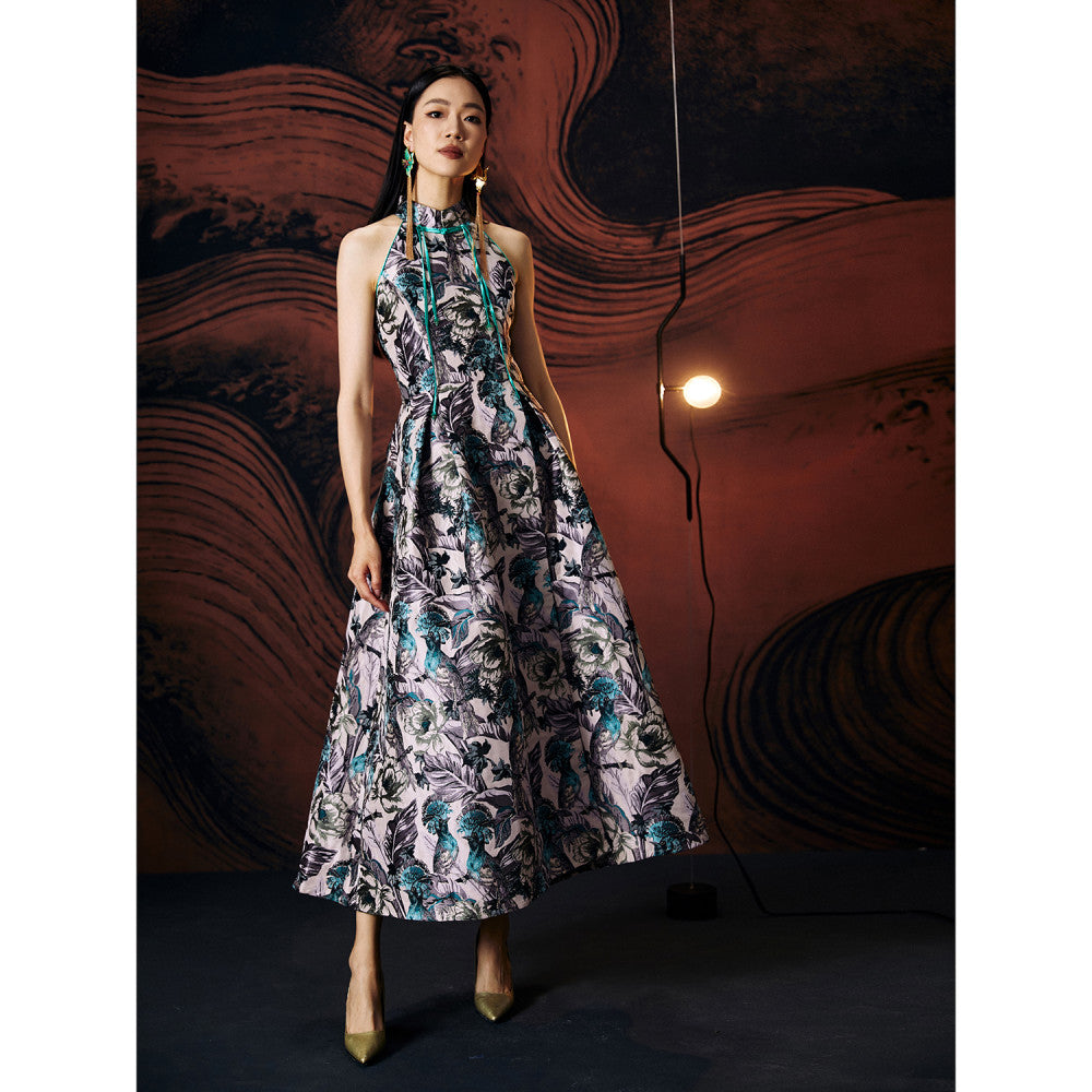 Original designer women s clothing made in China with Chinese elements buttons improved slim fit jacquard off shoulder long skirt image 6