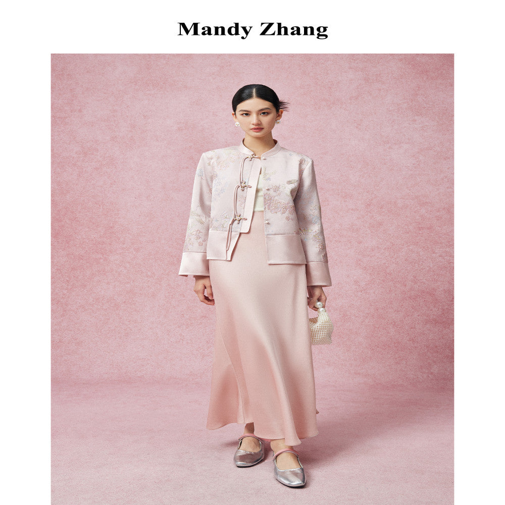Mandyzhang new Chinese style gold embroidered powder coat ladies autumn high end acetate disc button top image 2