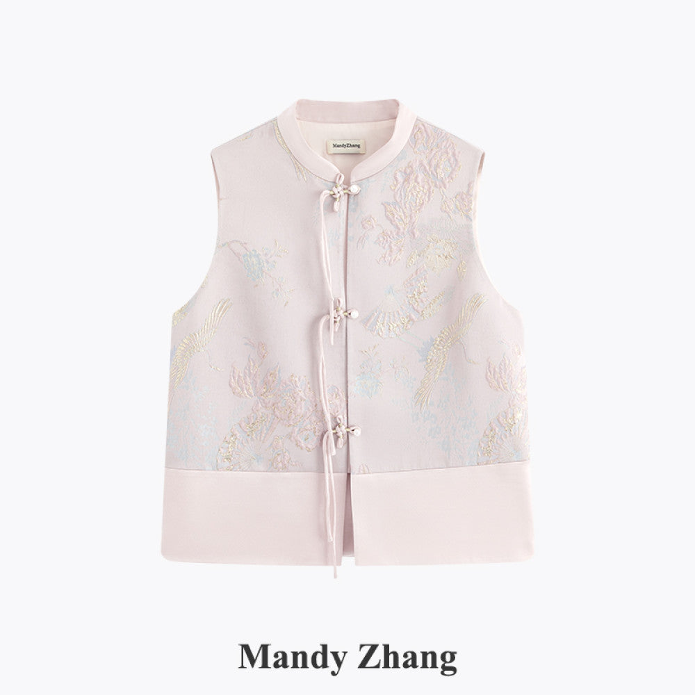 Mandyzhang new Chinese style gold embroidered powder coat ladies autumn high end acetate disc button top image 26