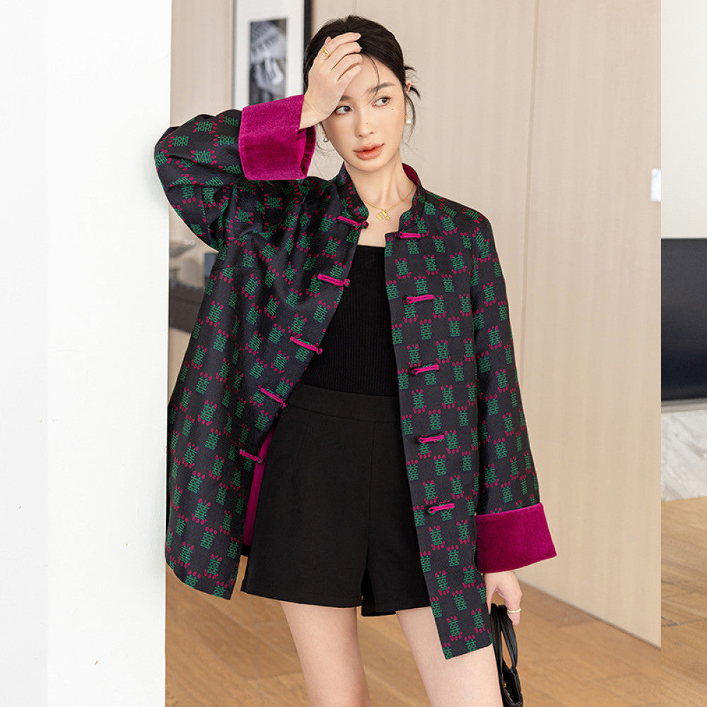 Vintage woven satin jacquard Chinese style jacket for women mid to long length autumn outfit original design loose new Chinese style button top image 13